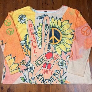 Peace Love Kindness Hippie Sunflower Graphic Sweatshirt Pullover Top Womens M